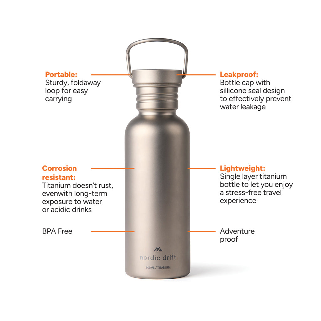 Nordic Drift Trail Ultra Light Titanium 600ml Water Bottle - Silver