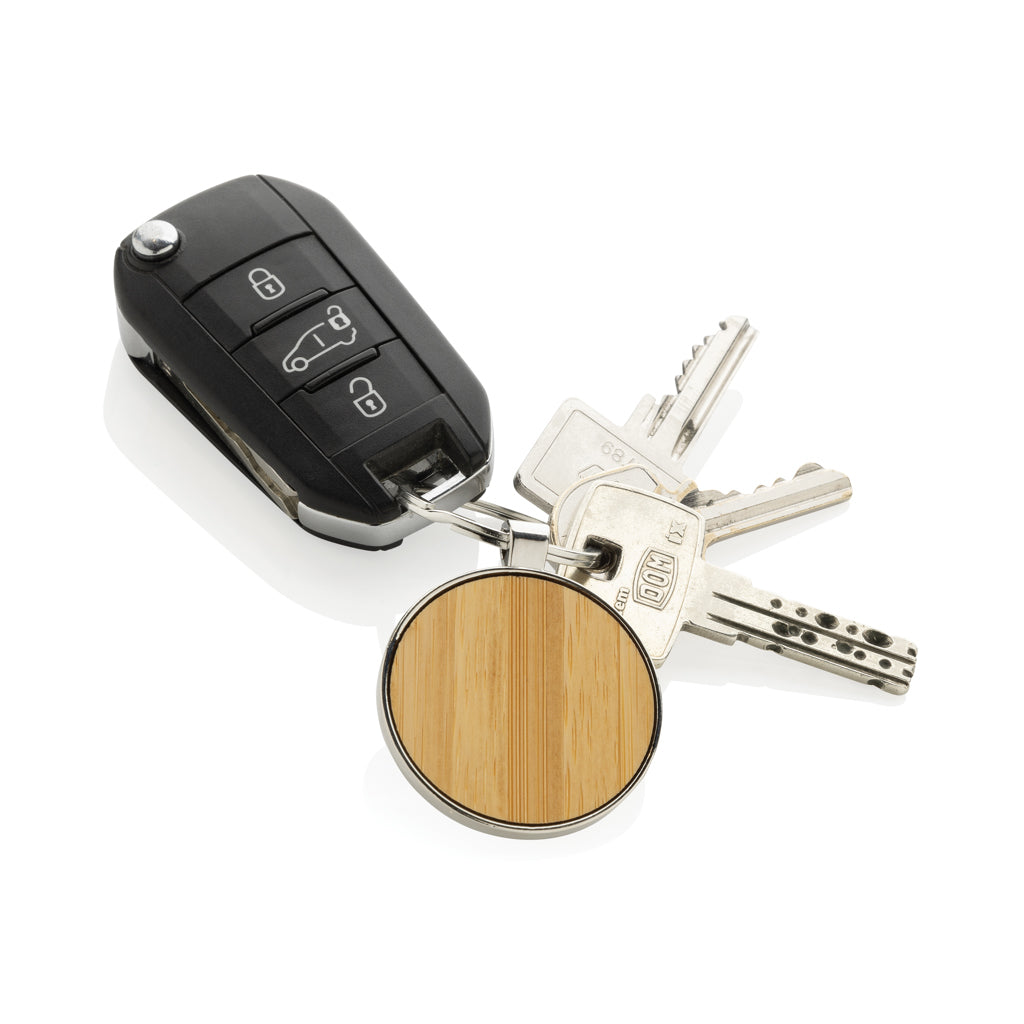 RCS recycled zinc alloy round keychain with bamboo - Silver