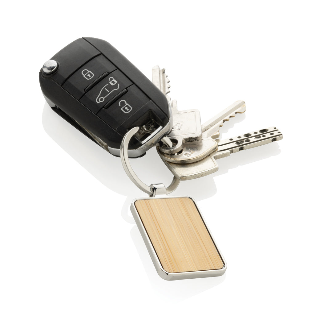 RCS recycled zinc alloy rectangle keychain with bamboo - Silver