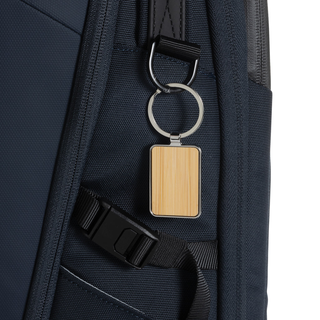RCS recycled zinc alloy rectangle keychain with bamboo - Silver