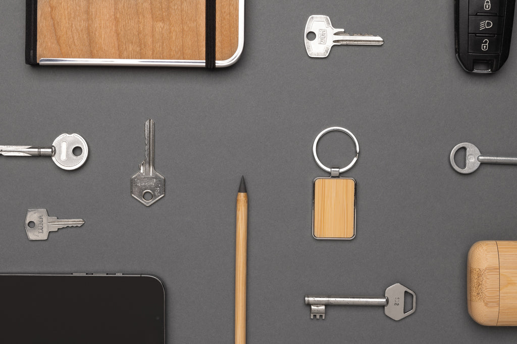 RCS recycled zinc alloy rectangle keychain with bamboo - Silver