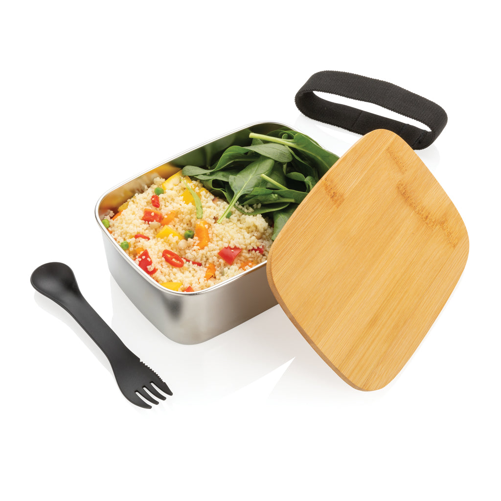 Stainless steel lunchbox with bamboo lid and spork - Silver