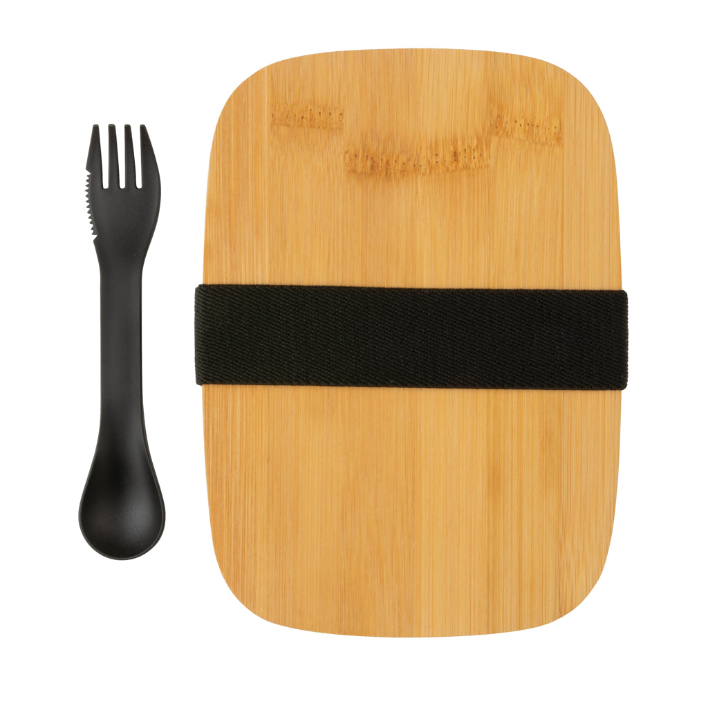 Stainless steel lunchbox with bamboo lid and spork - Silver