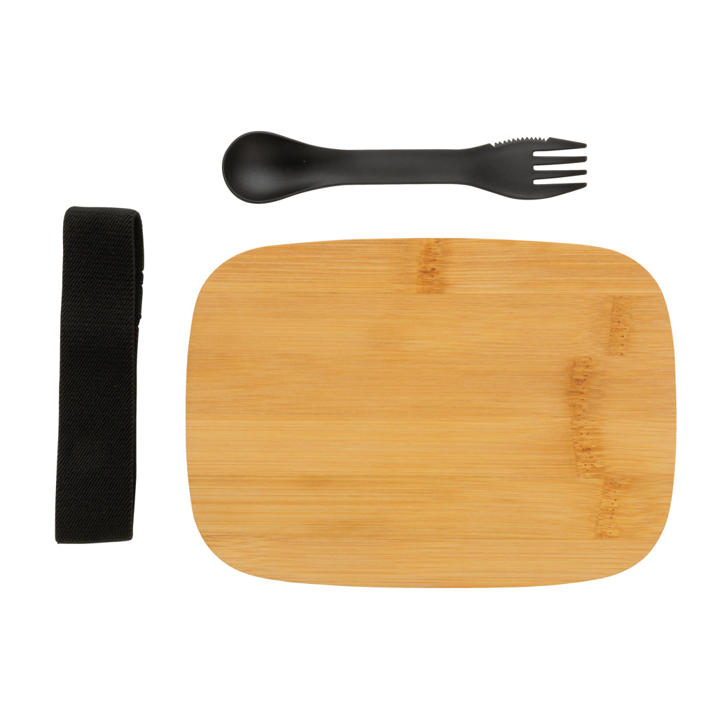 Stainless steel lunchbox with bamboo lid and spork - Silver