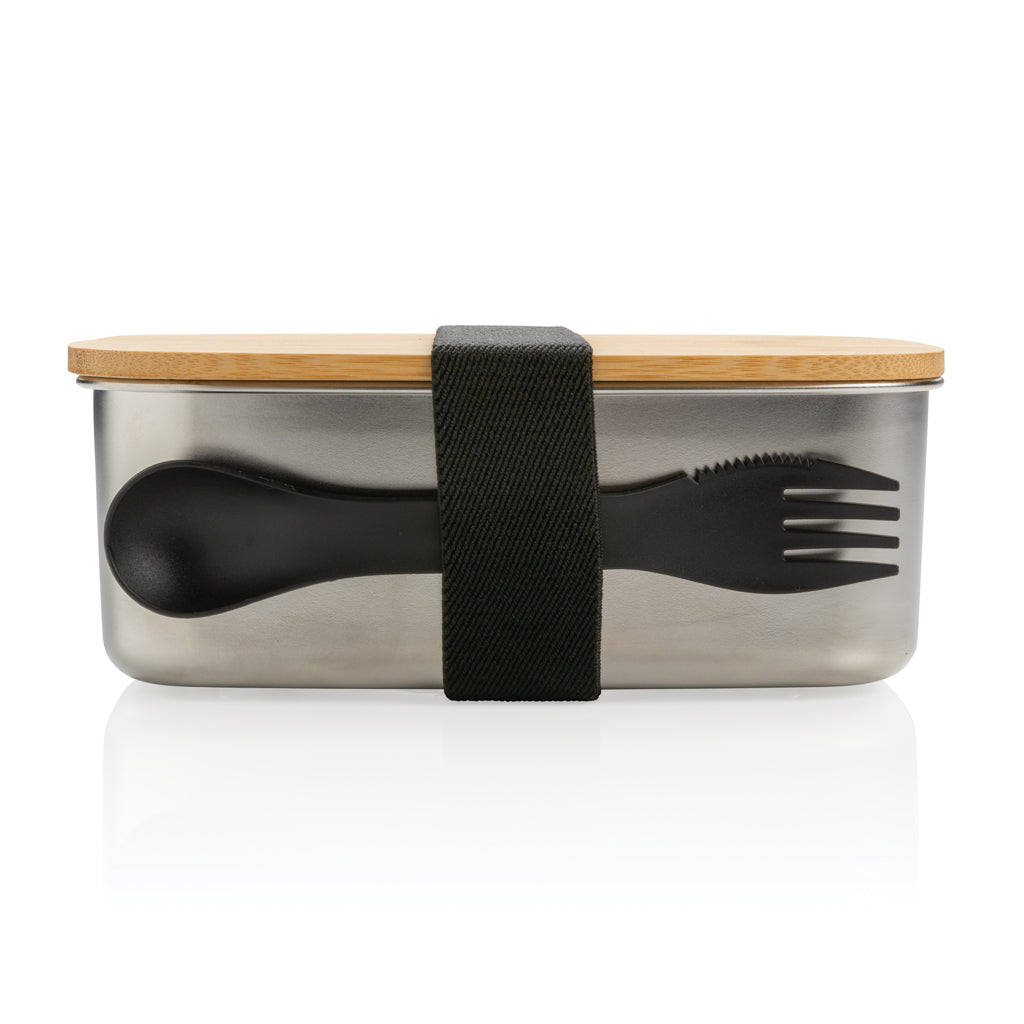 Stainless steel lunchbox with bamboo lid and spork - Silver