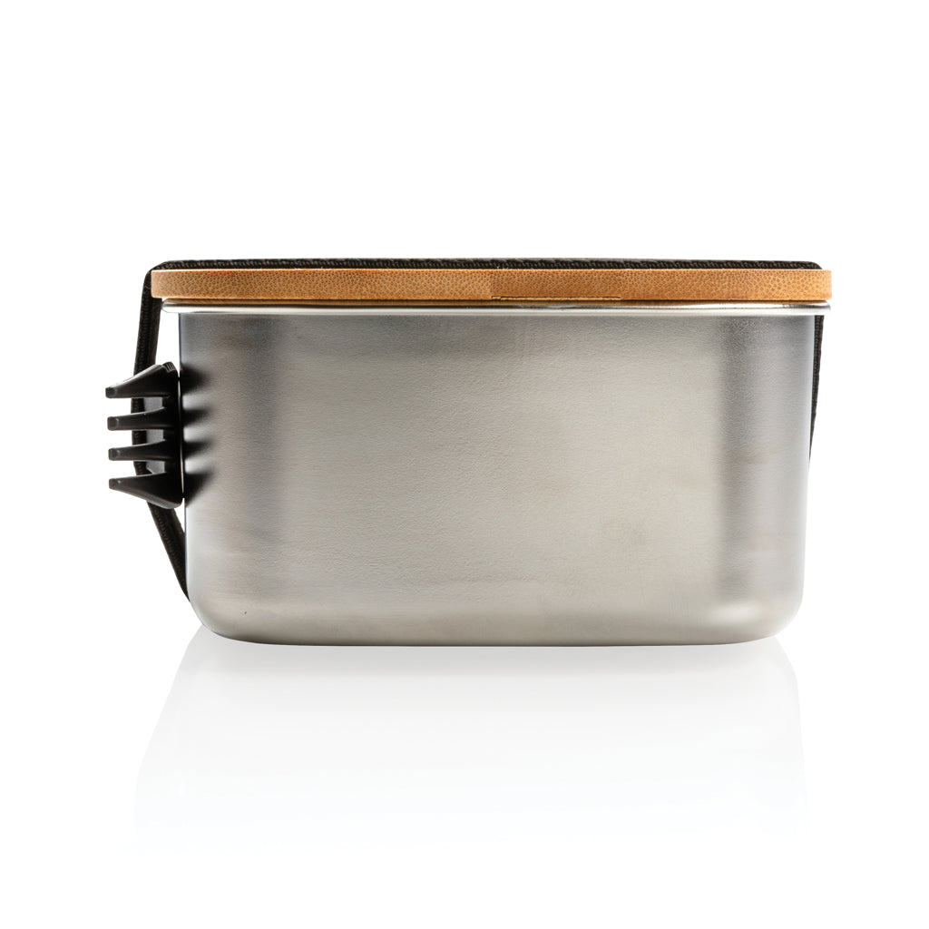 Stainless steel lunchbox with bamboo lid and spork - Silver