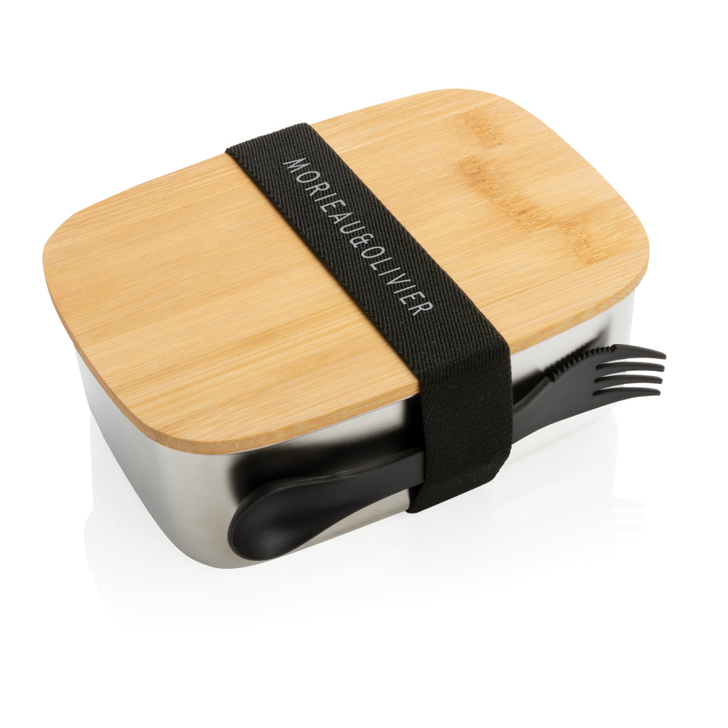 Stainless steel lunchbox with bamboo lid and spork - Silver