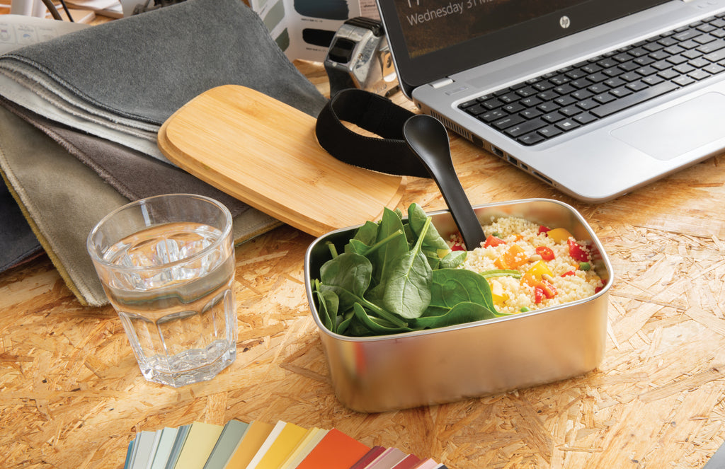 Stainless steel lunchbox with bamboo lid and spork - Silver