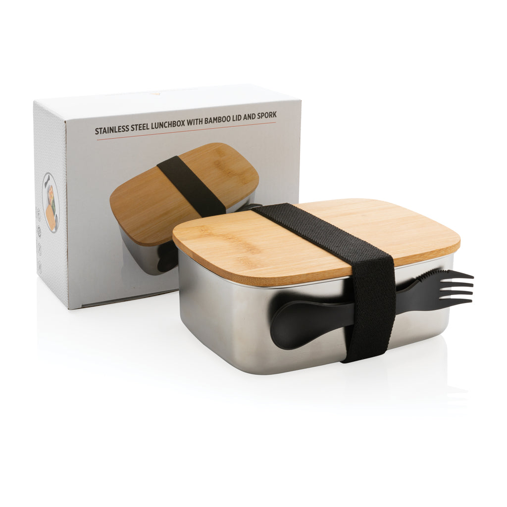 Stainless steel lunchbox with bamboo lid and spork - Silver