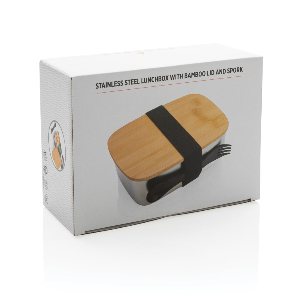 Stainless steel lunchbox with bamboo lid and spork - Silver