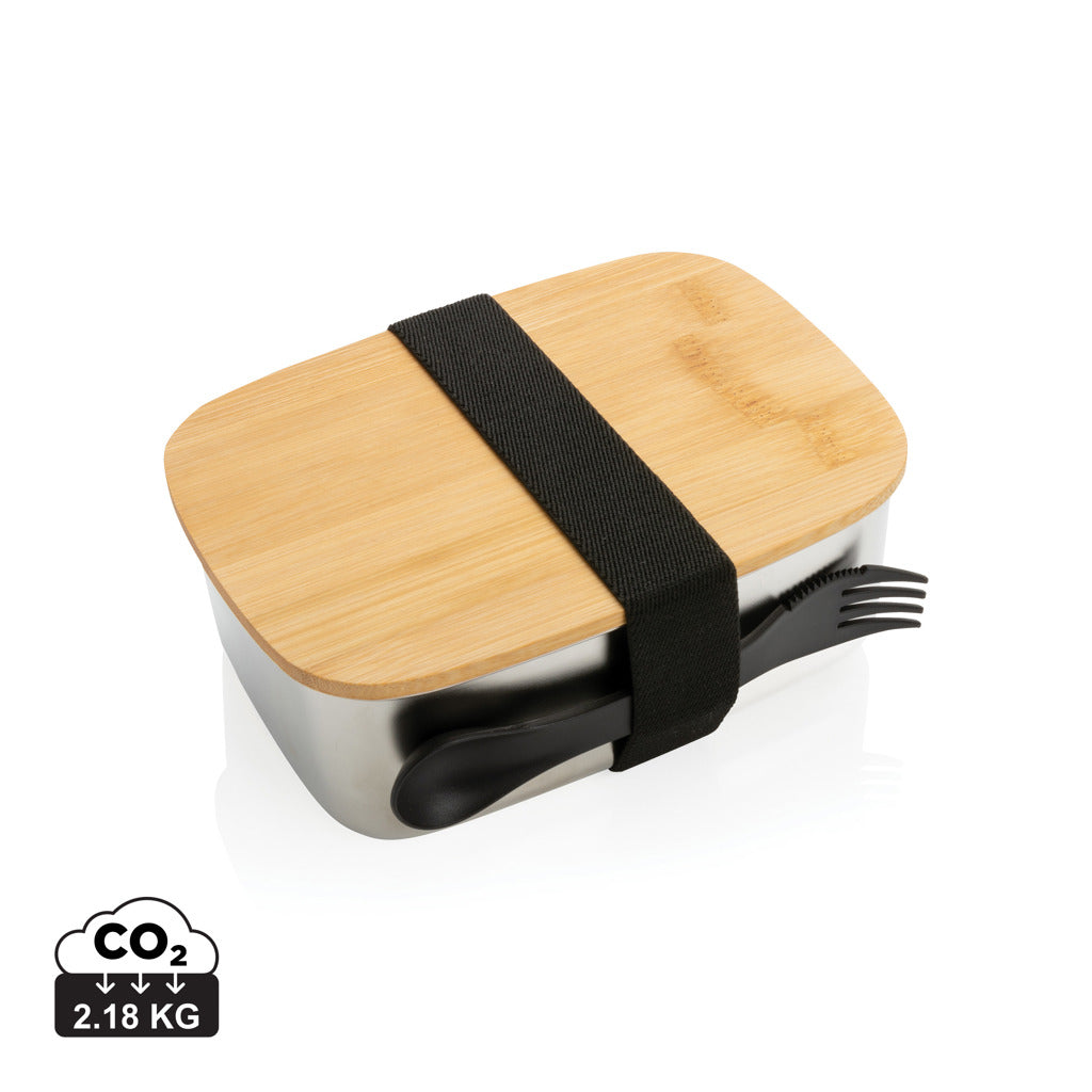 Stainless steel lunchbox with bamboo lid and spork - Silver