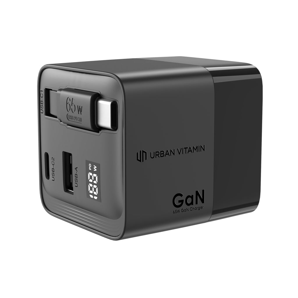 Urban Vitamin Mendocino 65W GaN charger retractable cable - Black