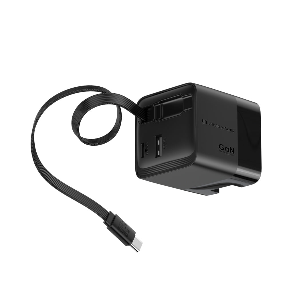 Urban Vitamin Mendocino 65W GaN charger retractable cable - Black