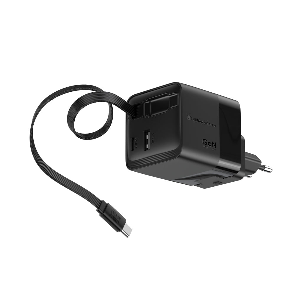 Urban Vitamin Mendocino 65W GaN charger retractable cable - Black