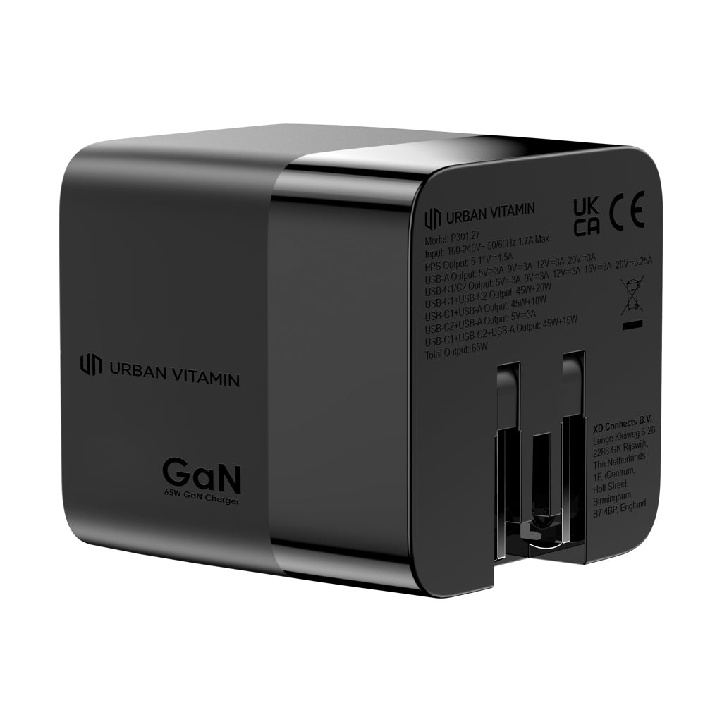 Urban Vitamin Mendocino 65W GaN charger retractable cable - Black