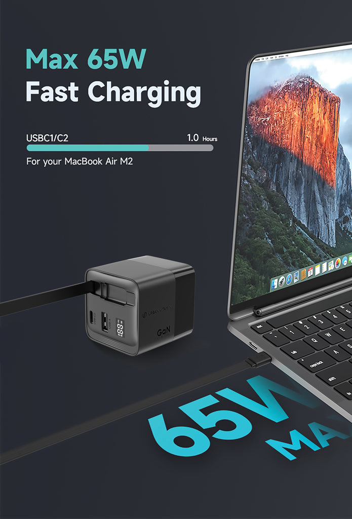 Urban Vitamin Mendocino 65W GaN charger retractable cable - Black