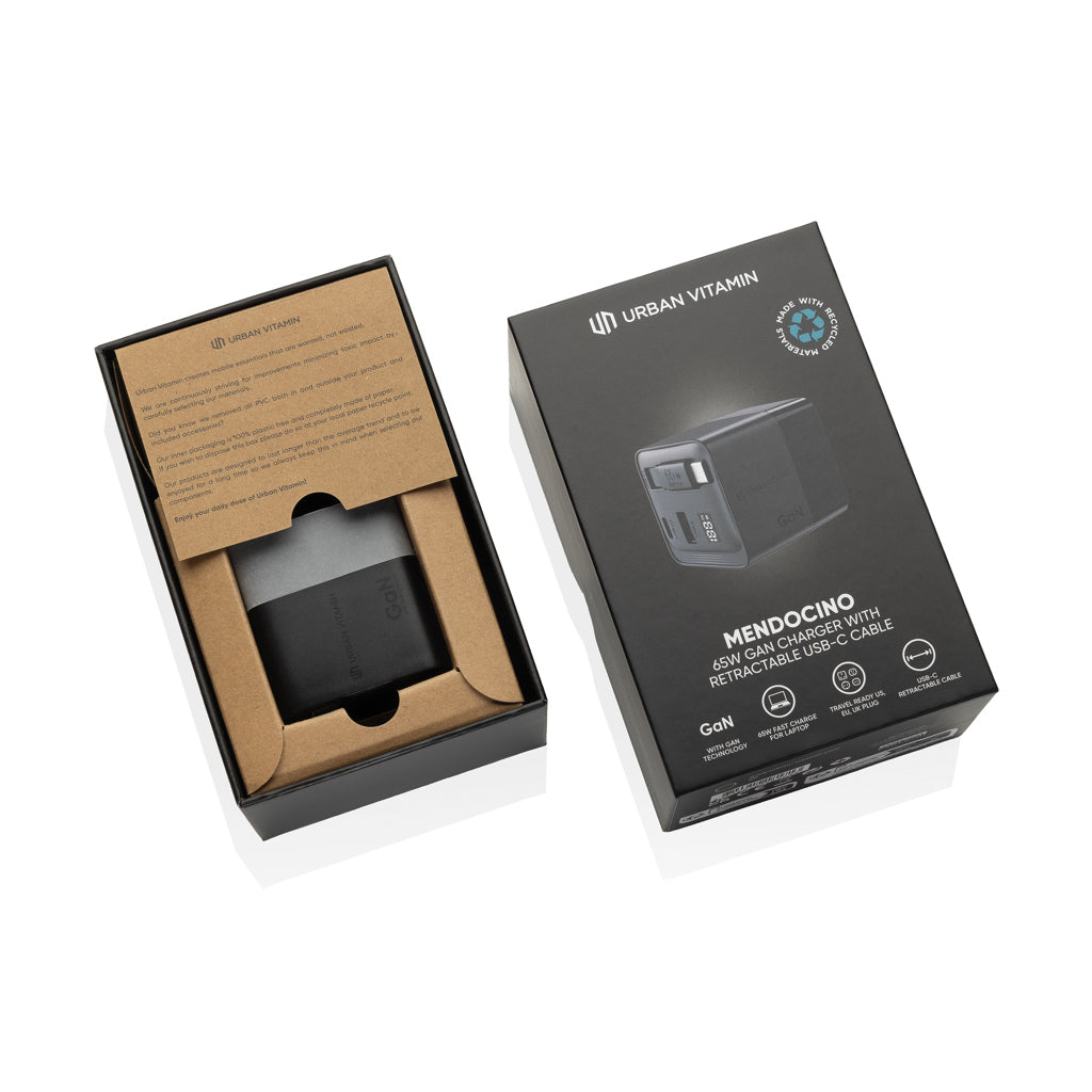 Urban Vitamin Mendocino 65W GaN charger retractable cable - Black