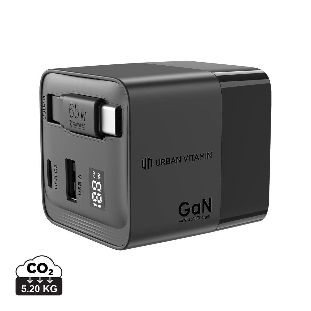 Urban Vitamin Mendocino 65W GaN charger retractable cable - Black