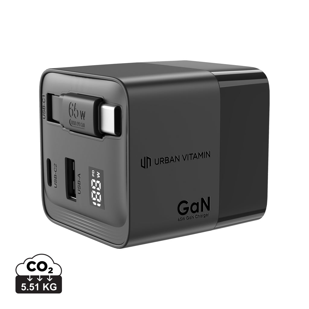 Urban Vitamin Mendocino 65W GaN charger retractable cable - Black