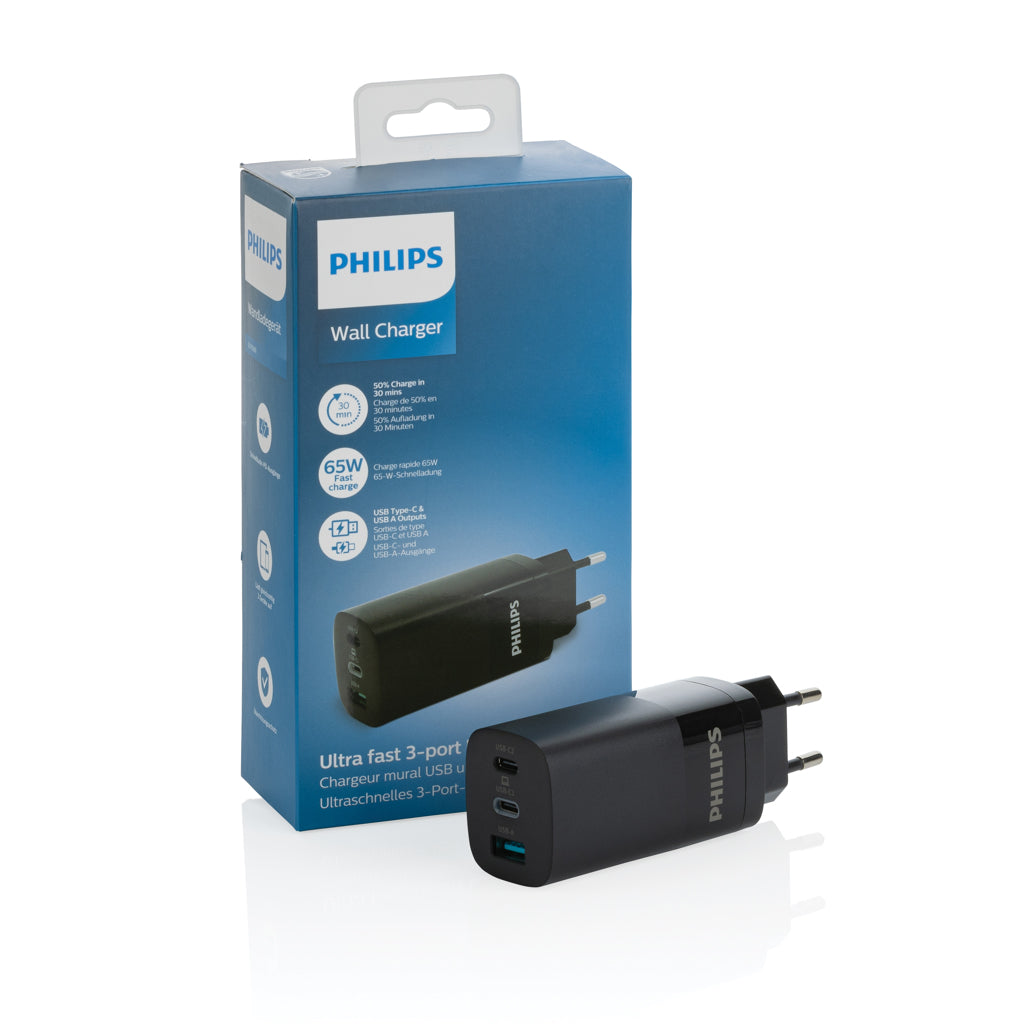 Philips 65W ultra fast PD 3-port USB wall charger - Black