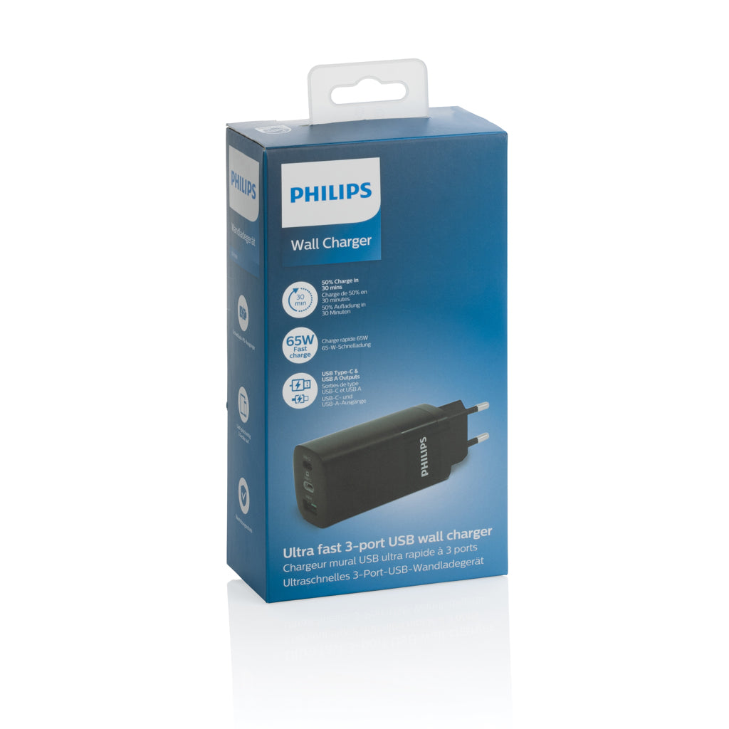 Philips 65W ultra fast PD 3-port USB wall charger - Black