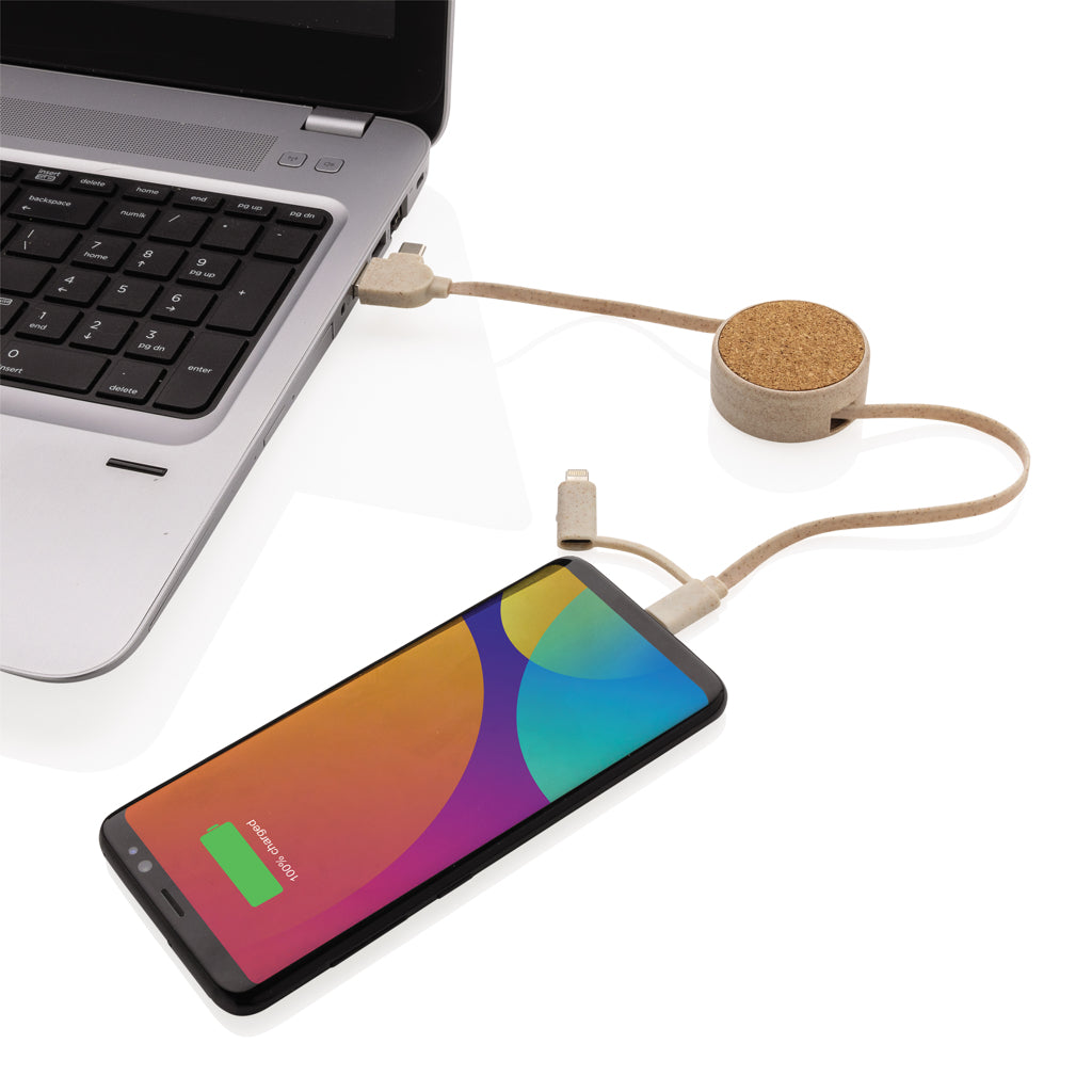 Cork and Wheat 6-in-1 retractable cable - Khaki