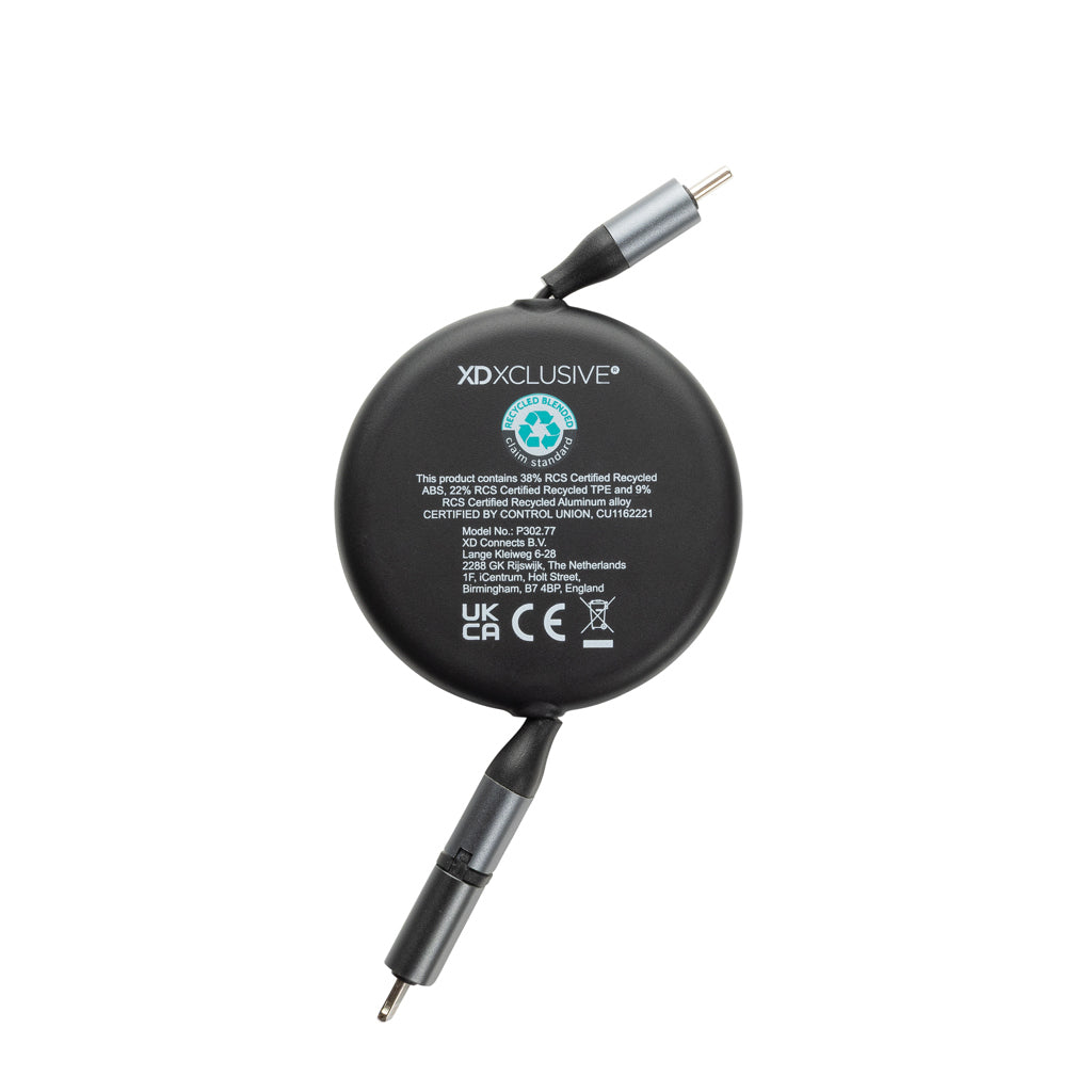 Terra RCS recycled aluminium retractable 240W 2-in-1 cable - Black