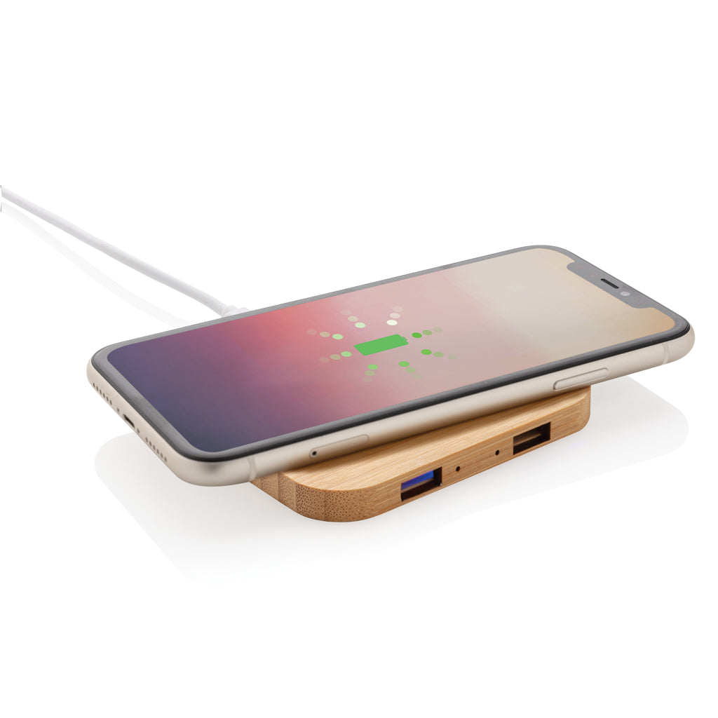 Bamboo 5W wireless charger with USB - Brown