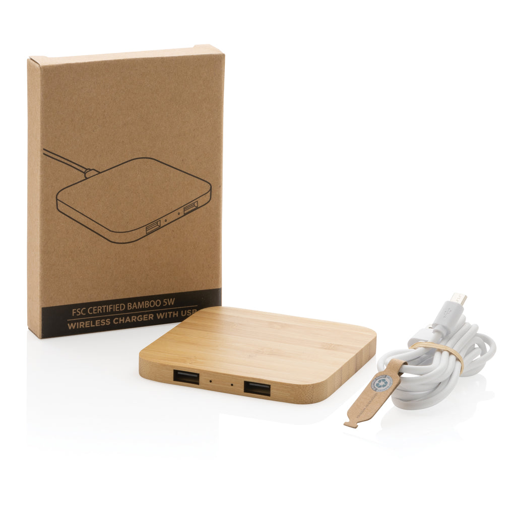 Bamboo 5W wireless charger with USB - Brown