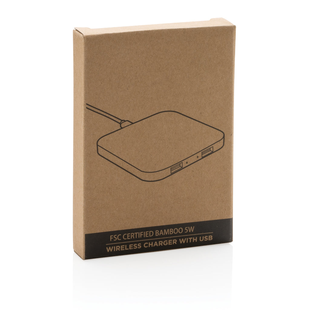 Bamboo 5W wireless charger with USB - Brown