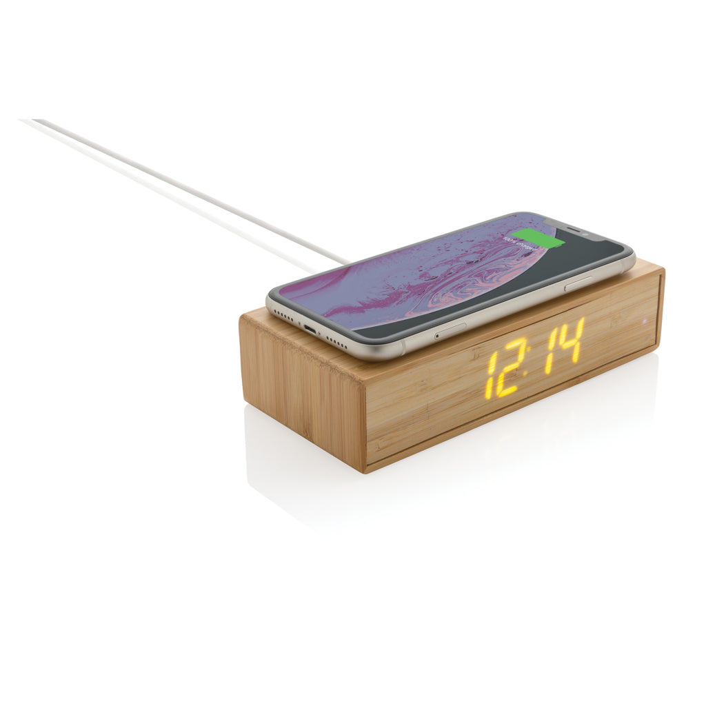 Bamboo alarm clock with 5W wireless charger - Brown