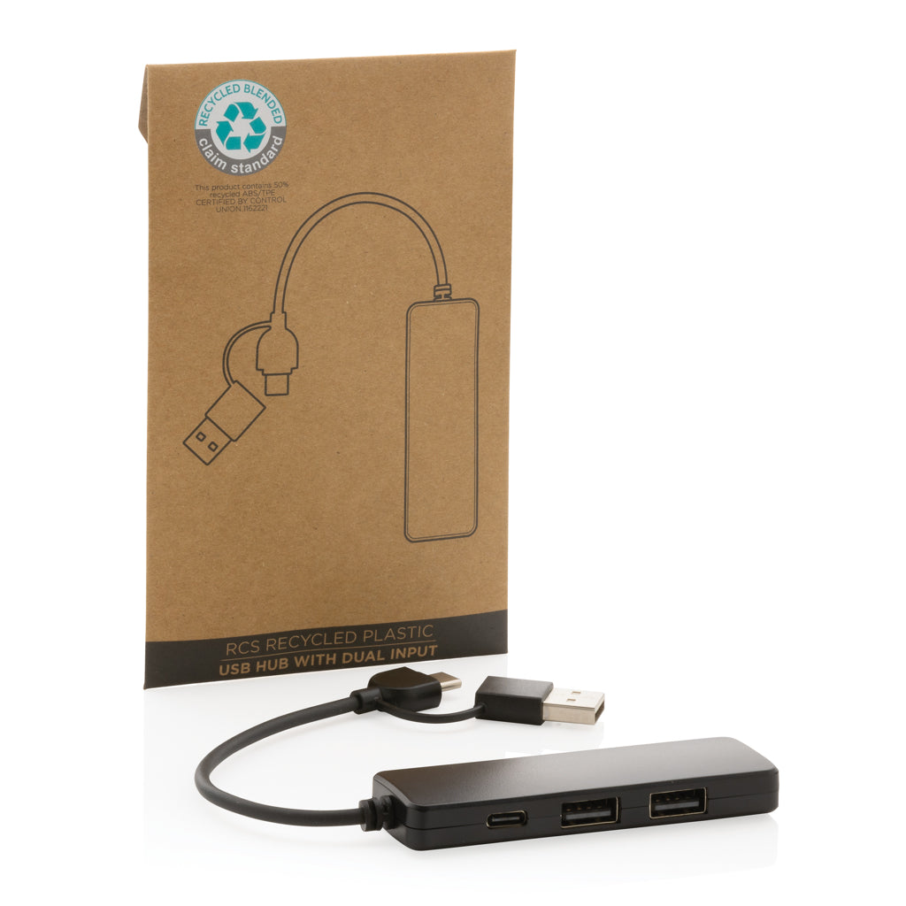 RCS recycled plastic USB hub with dual input - Black