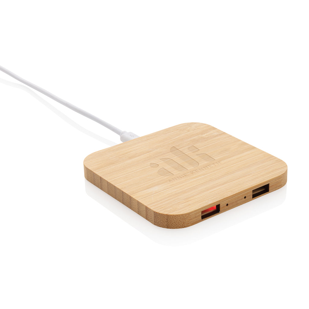 Bamboo 10W wireless charger with USB - Brown