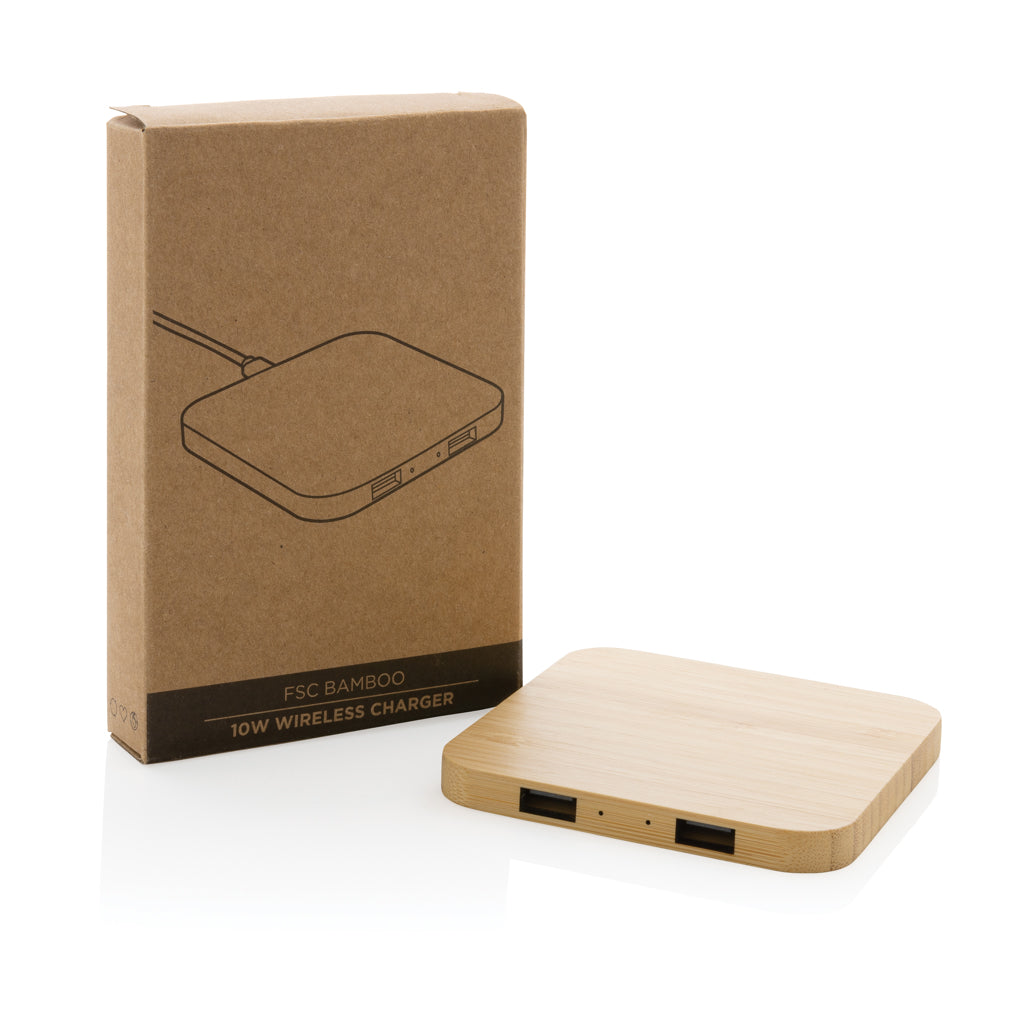Bamboo 10W wireless charger with USB - Brown