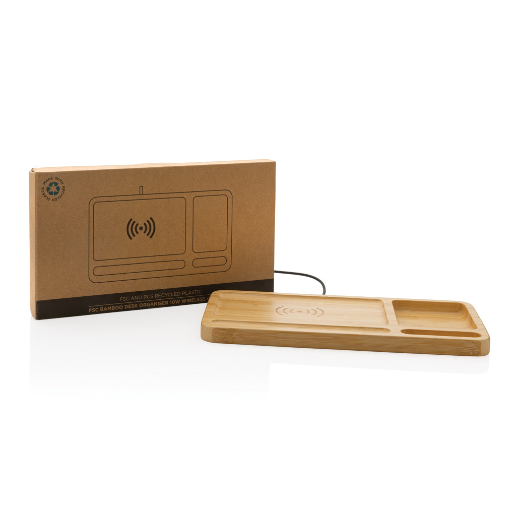 Bamboo desk organiser 10W wireless charger - Brown