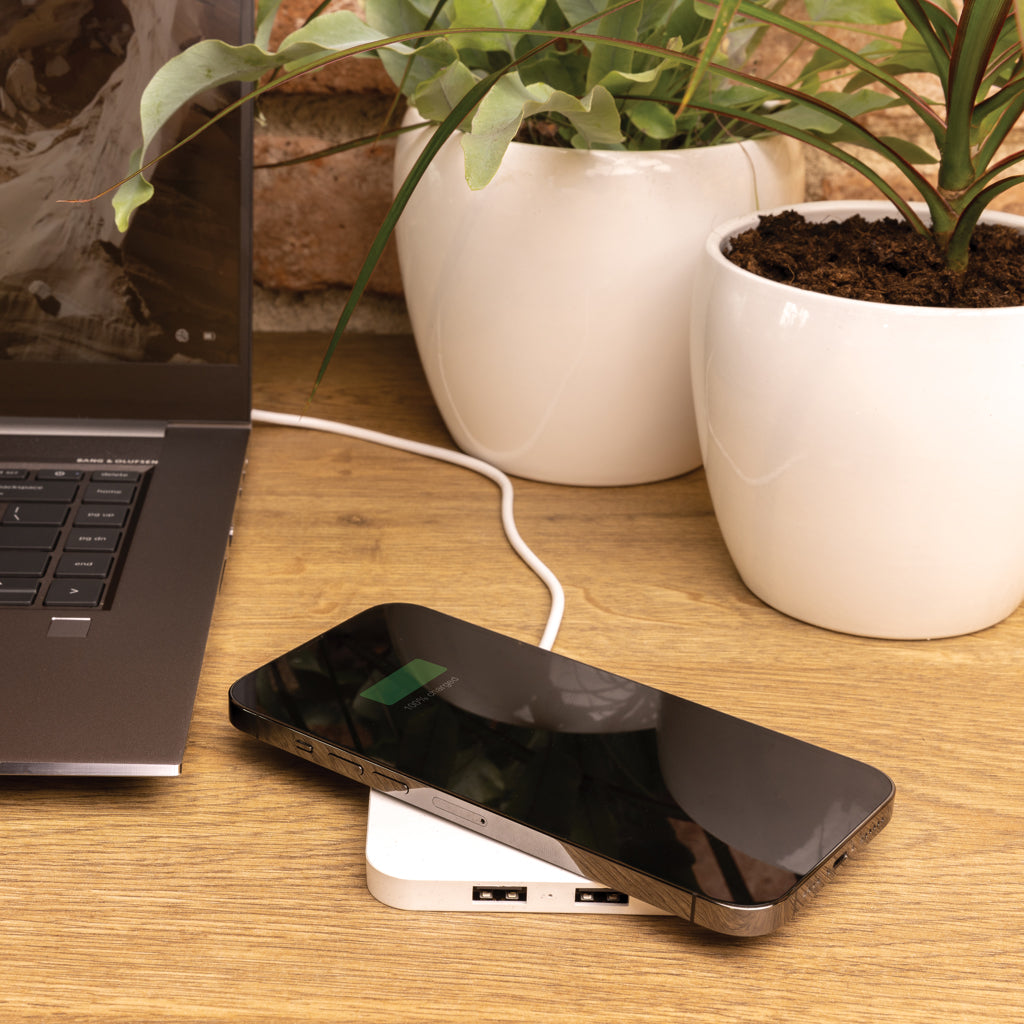 RCS recycled plastic 10W Wireless charger with USB Ports - White