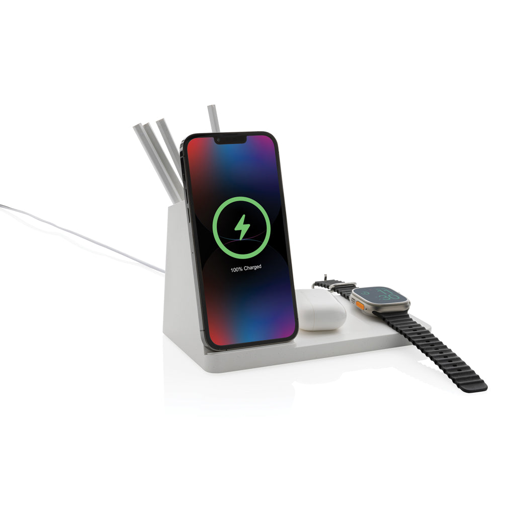 Ontario recycled plastic & bamboo 3-in-1 wireless charger - White