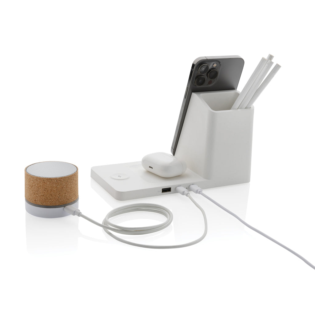 Ontario recycled plastic & bamboo 3-in-1 wireless charger - White