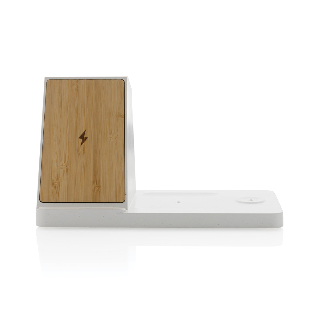 Ontario recycled plastic & bamboo 3-in-1 wireless charger - White