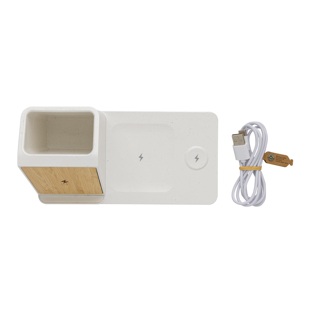 Ontario recycled plastic & bamboo 3-in-1 wireless charger - White