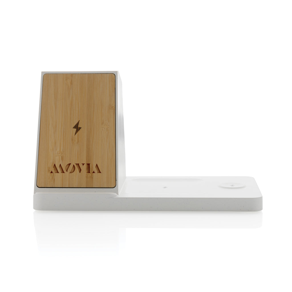 Ontario recycled plastic & bamboo 3-in-1 wireless charger - White