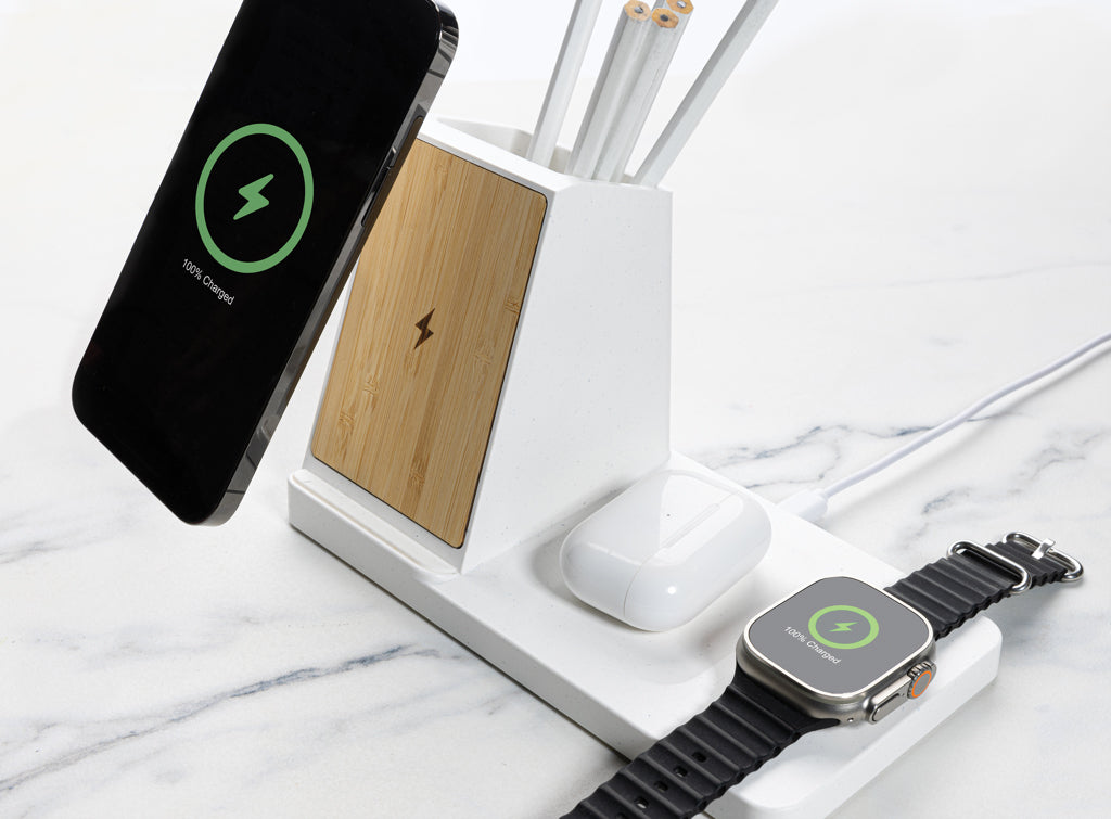 Ontario recycled plastic & bamboo 3-in-1 wireless charger - White