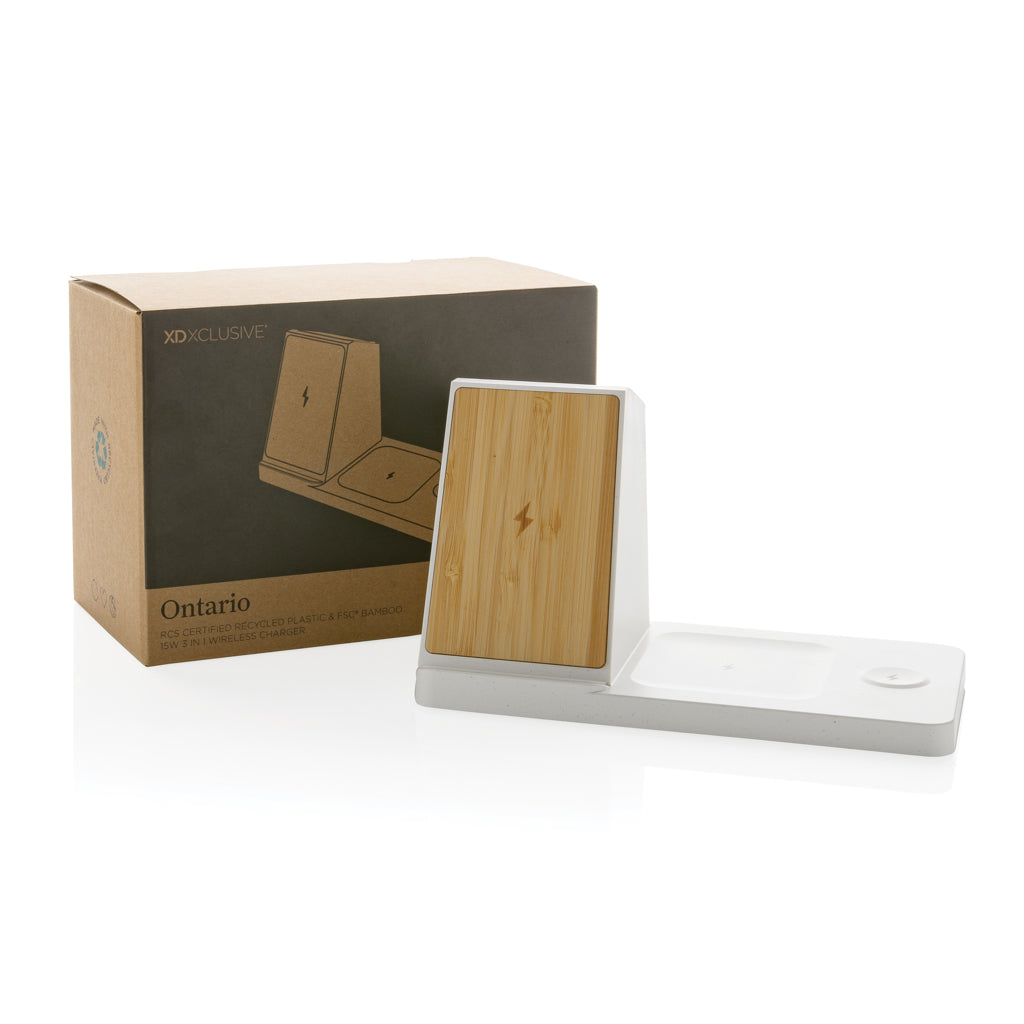 Ontario recycled plastic & bamboo 3-in-1 wireless charger - White