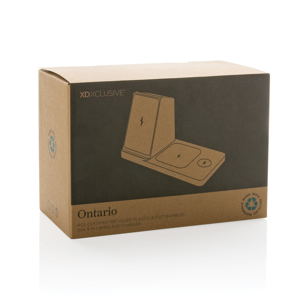 Ontario recycled plastic & bamboo 3-in-1 wireless charger - White