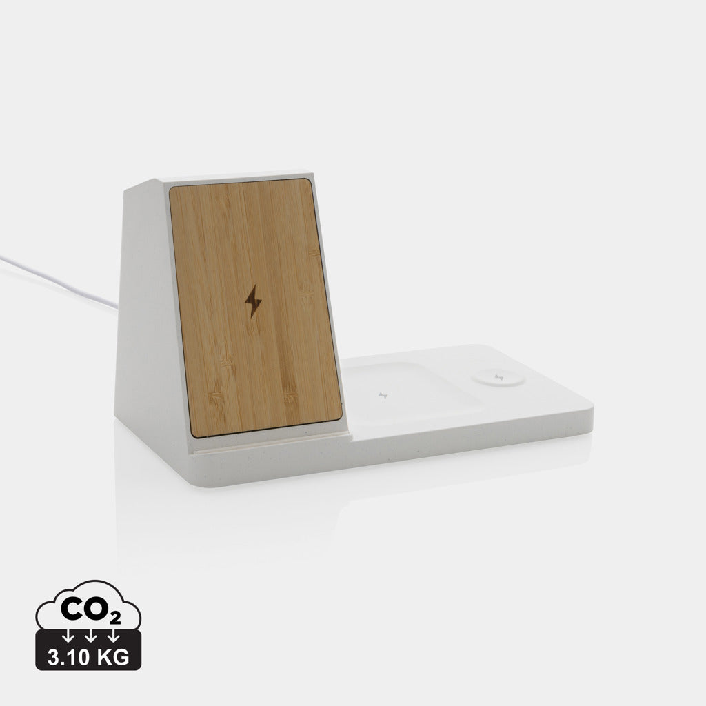 Ontario recycled plastic & bamboo 3-in-1 wireless charger - White