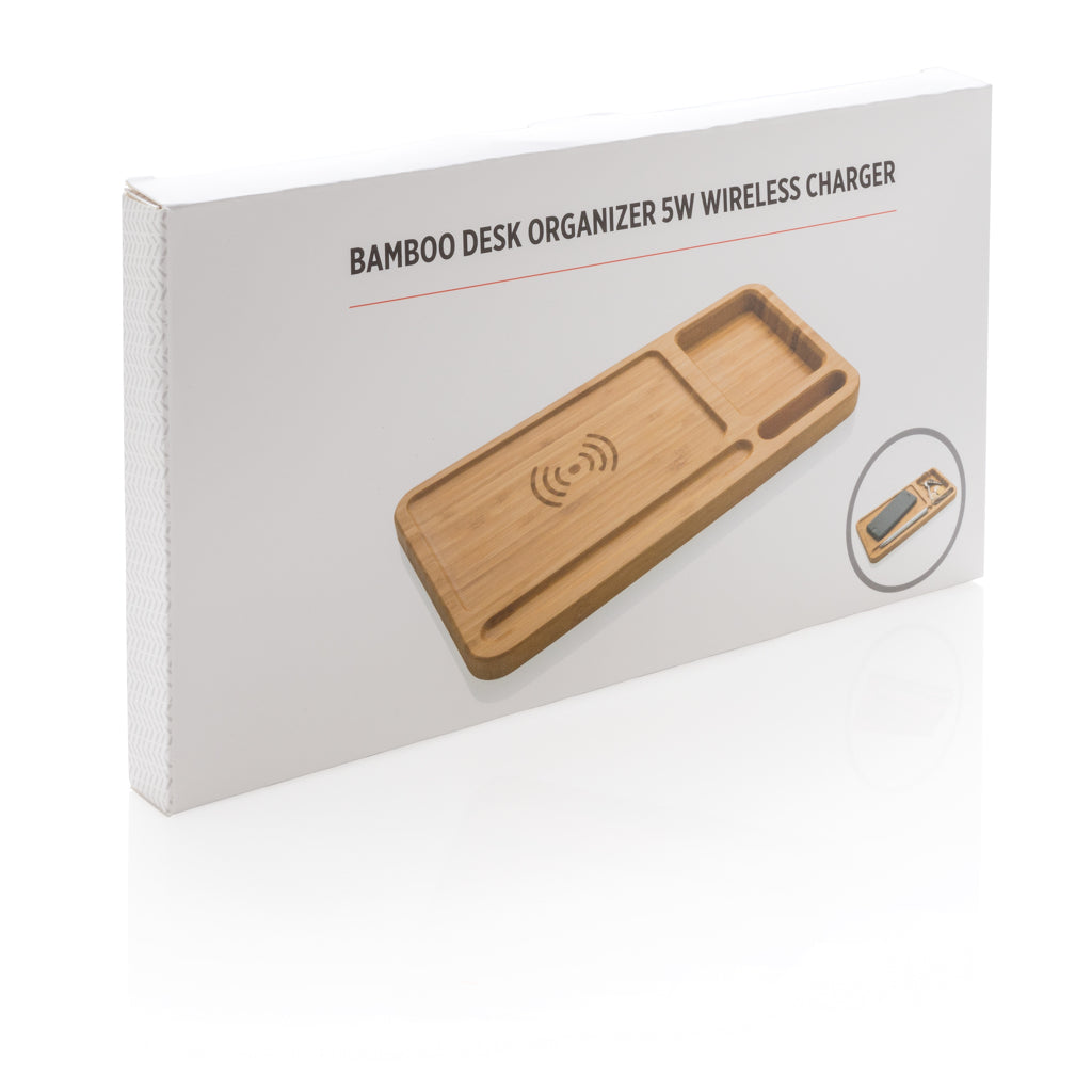 Bamboo desk organiser 5W wireless charger - Brown