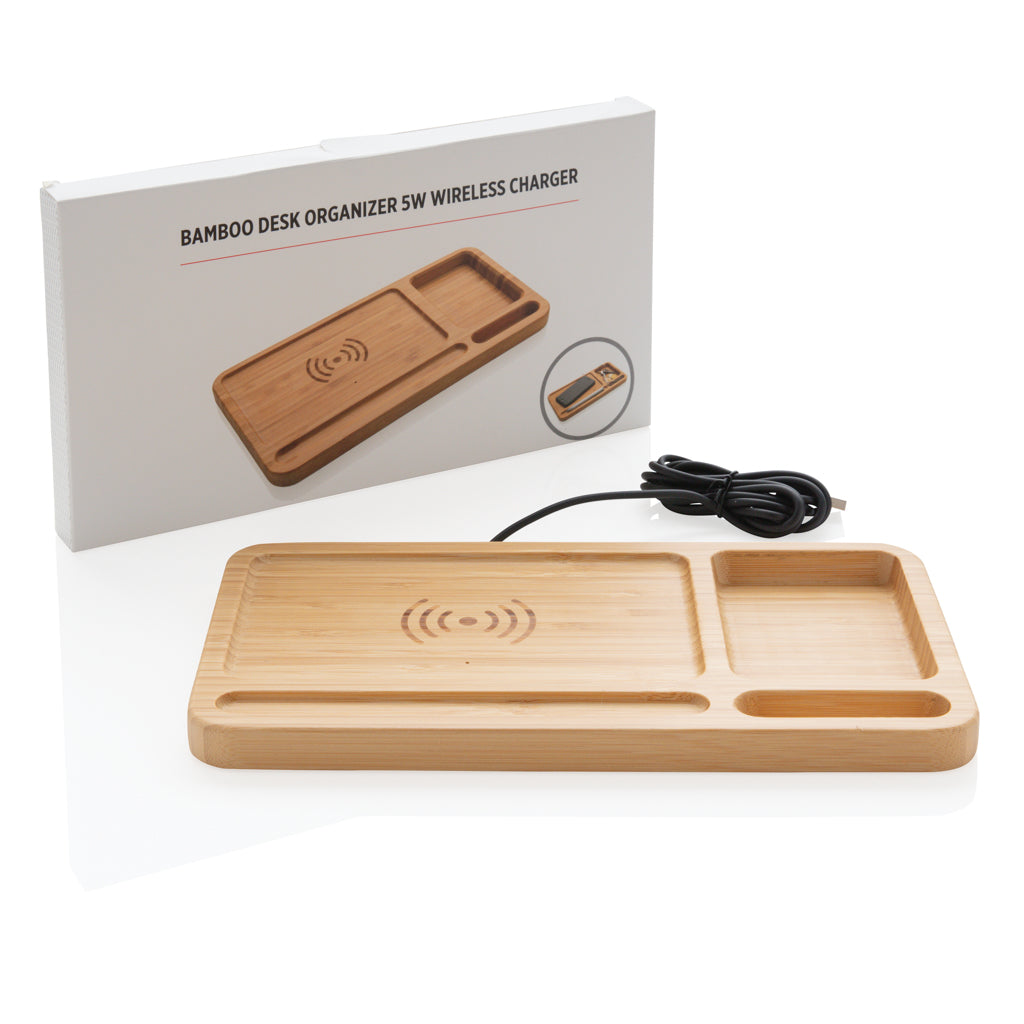 Bamboo desk organiser 5W wireless charger - Brown