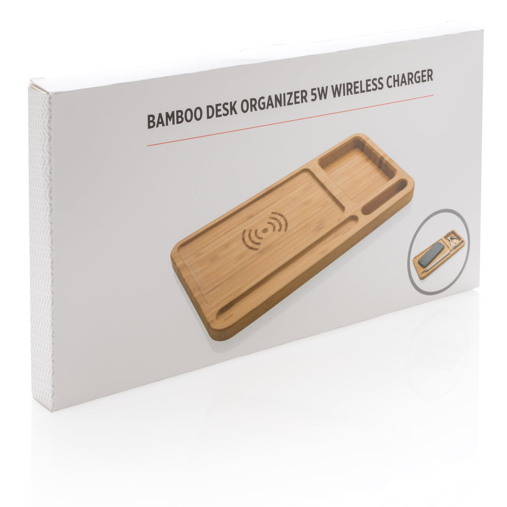 Bamboo desk organiser 5W wireless charger - Brown