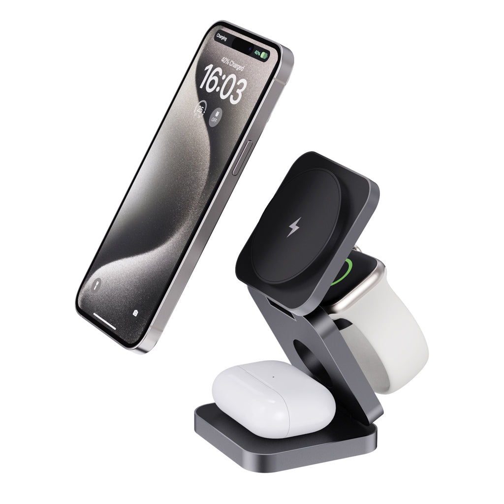 Terra RCS recycled aluminium foldable 3 in 1 15W charger - Grey