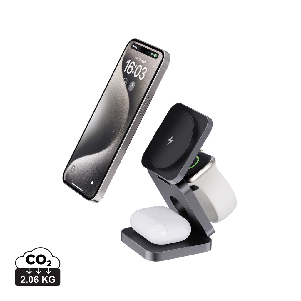 Terra RCS recycled aluminium foldable 3 in 1 15W charger - Grey
